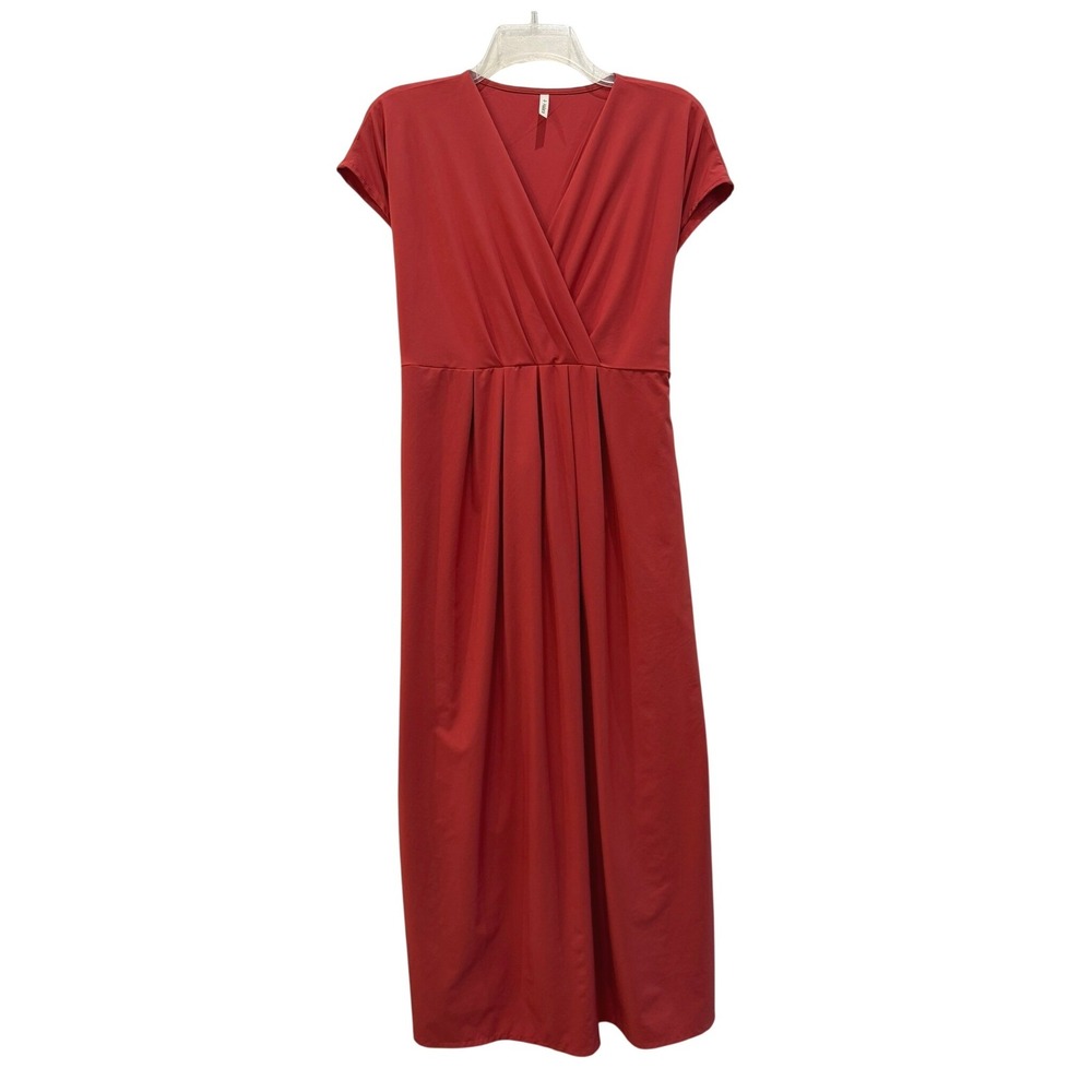 Halara Red Surplice V-Neck Midi Dress Short Sleeve Tie Back Pleated Waist‎ Large